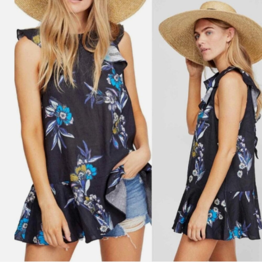 Free People summer in Tulum Black Floral Print‎ Ruffle tunic top XS linen blend
